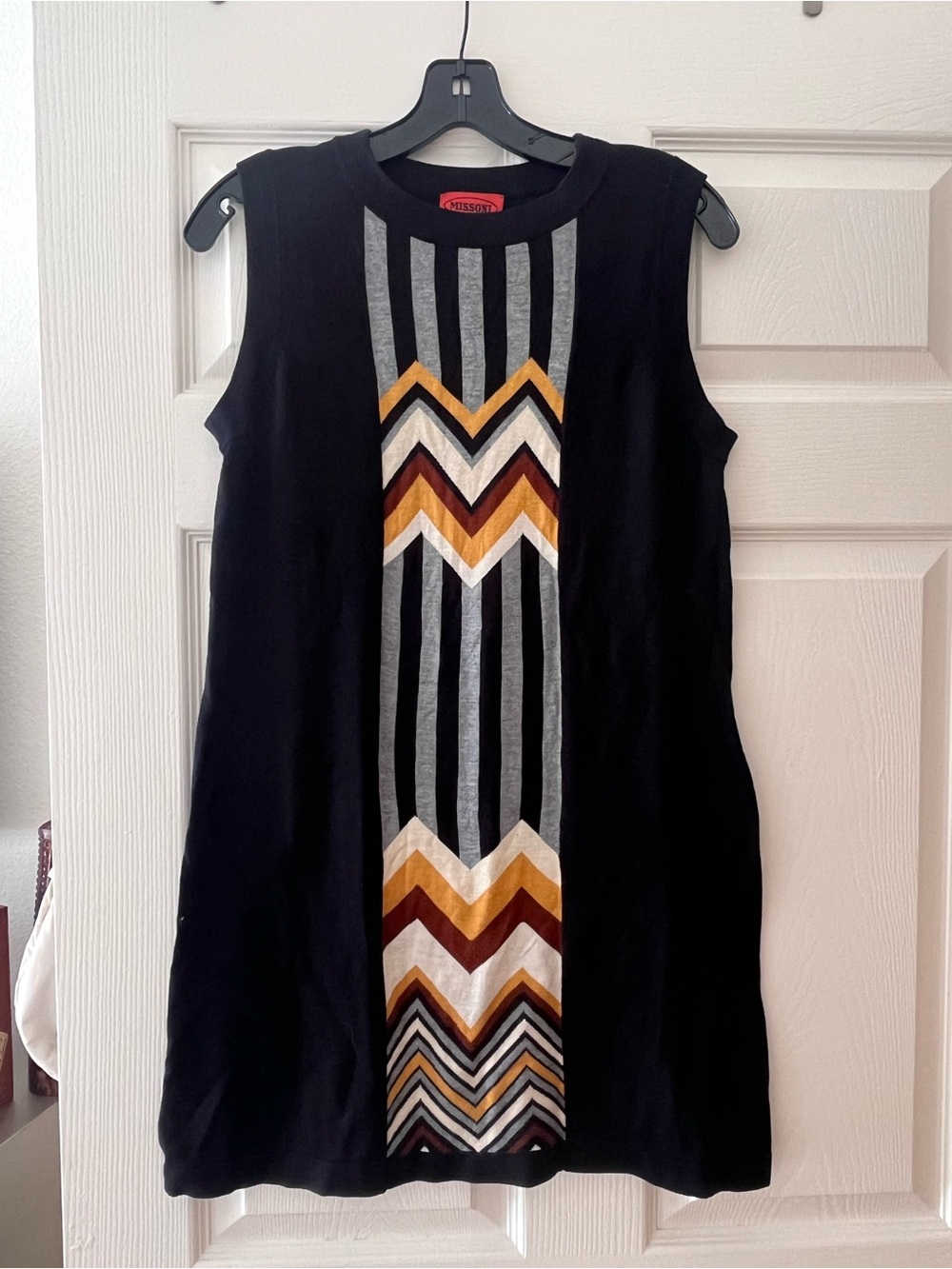 Missoni Black Sleeveless Shift Dress with Chevron Stripe Panel